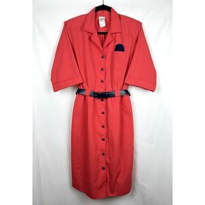Vintage 80s Petites by Willi Shirt Dress Pink Navy Belted Utility Midi Size 8